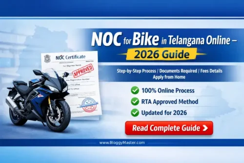 NOC for Bike in Telangana Online 2026 step-by-step guide showing bike, approved NOC certificate and online application process
