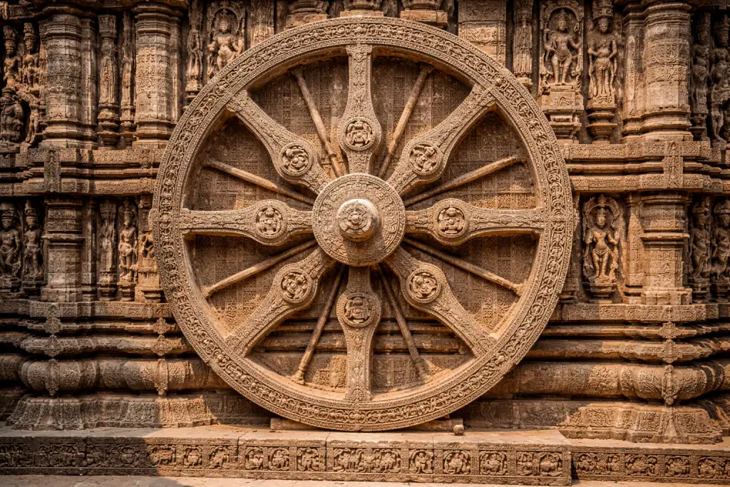 Stone wheel sundial at Konark Sun Temple showcasing ancient time calculation architecture