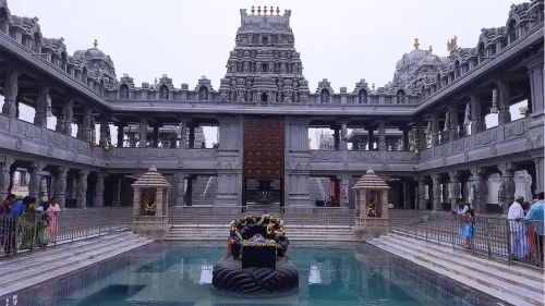 Swarnagiri Temple illuminated highlighting its gopuram architecture