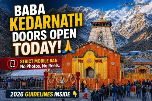 The sacred Kedarnath Temple in Uttarakhand decorated with flowers for the 2026 opening ceremony.