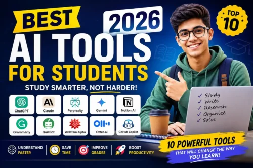 Best AI tools for students 2026 including ChatGPT, Gemini, Notion AI, and Grammarly helping students study smarter and improve productivity