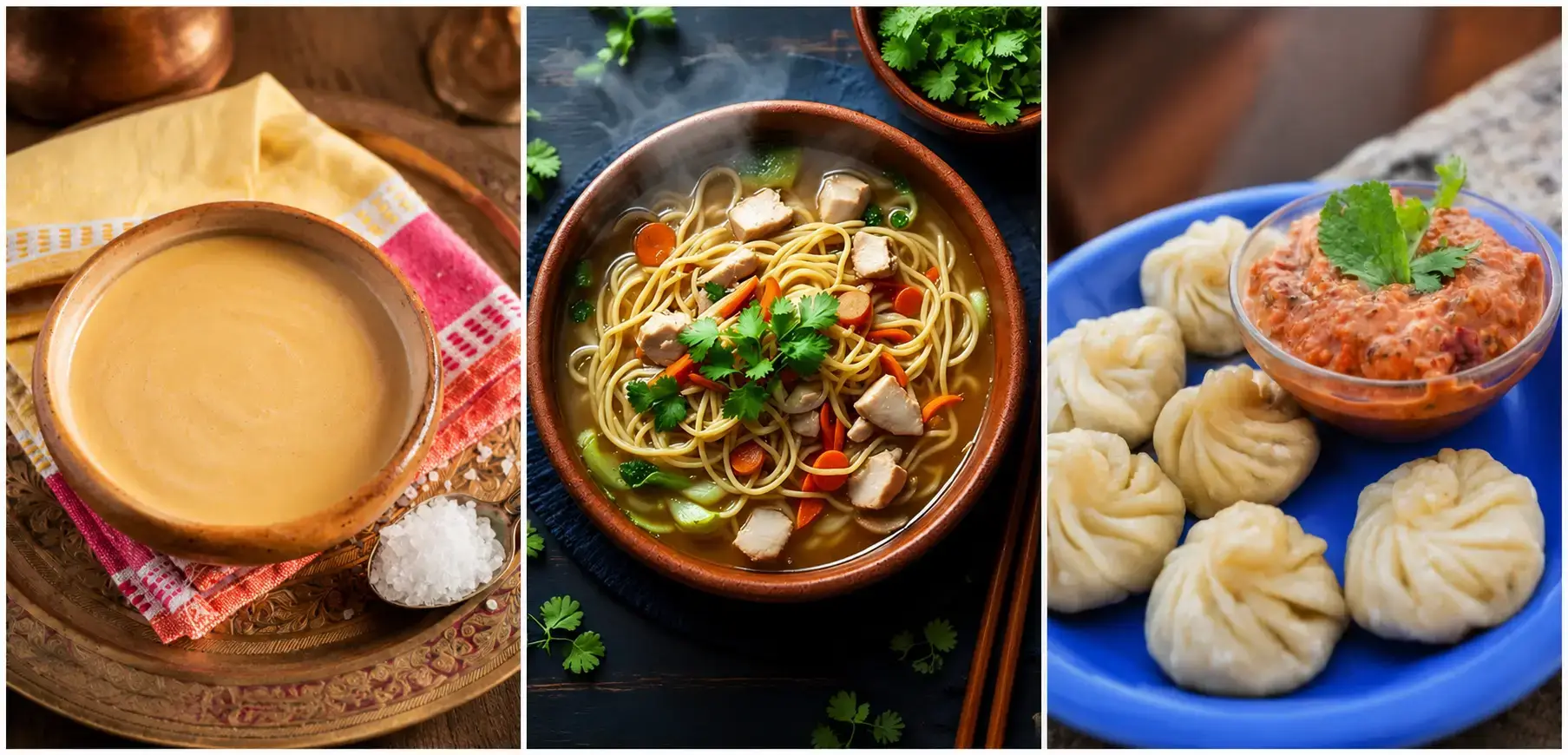 Traditional food dishes in Tawang including momos and thukpa